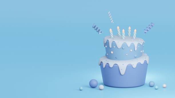istock 3D birthday cake on blue background for wedding and party with candles and confetti. Cute rendered illustration 1891464425