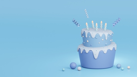 3D birthday cake on blue background for wedding and party with candles and confetti. Cute rendered illustration.
