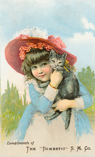 Chromolithograph of Victorian girl wearing hat and holding kitten on trade card for Domestic Sewing Machine Company.