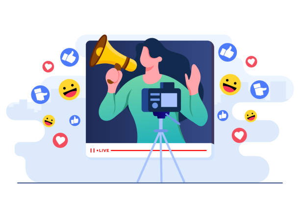 Video blogging flat illustration concept, Woman records video content on camera, Blogger in social media live stream with followers Flat-style vector illustration of Video blogging flat illustration concept, Woman records video content on camera, Blogger in social media live stream with followers concept for website banner, online advertisement, marketing material, business presentation, poster, landing page, and infographic social media marketing stock illustrations