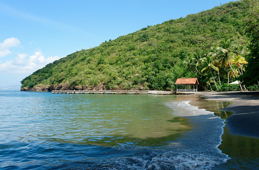 Wide open beaches in a tropical paradise of Costa Rica with palm trees and blue water