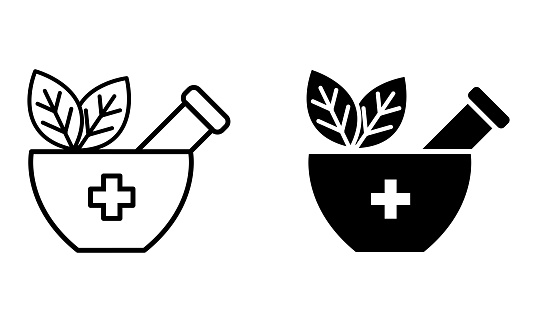 mortar an pestle with leaf, illustration of natural and herbal medicines icon vector