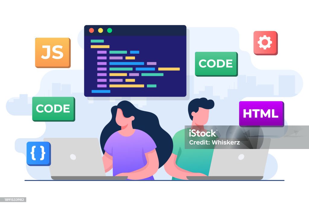 Html From Computer Language Application Ilustración de Web Developers Writing Code Or Program Using Laptop ...