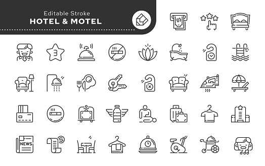 Line icon set. Hotel, motel and hostel. Hotel business. Vacation and travel.  Vector icon pack. Simple outline icon.