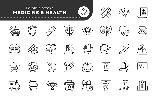 Line icon set. Medecine, healthcare, medical health. A series of contour web icons in a linear style for an application and a website. Outline iconography. Vector illustration.
