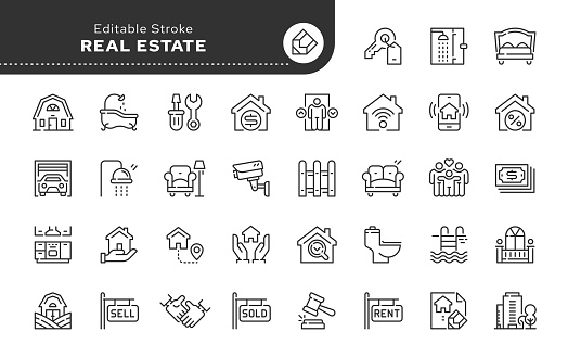 Line icon set. Real estate. Buying, selling and renting a house. Mortgages and housing loans. Vector icon pack.