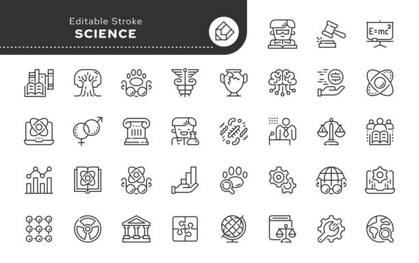 pack icons science 02 Set of science line concept web icons in outline linear style. Icon - flasks, test tubes, laboratory, scientific knowledge and types of sciences. Vector pack. vet lab test stock illustrations