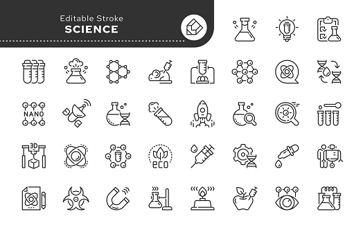 Set of science line concept web icons in outline linear style. Icon - flasks, test tubes, laboratory, scientific knowledge and types of sciences. Vector pack.