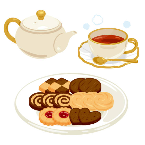 다양한 종류의 쿠키와 뜨거운 차를 접시에 담아 세트 - black tea dishware plate cup stock illustrations
