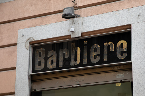 barbiere italian text means barber shop signboard wall facade entrance sign for italy hairdresser