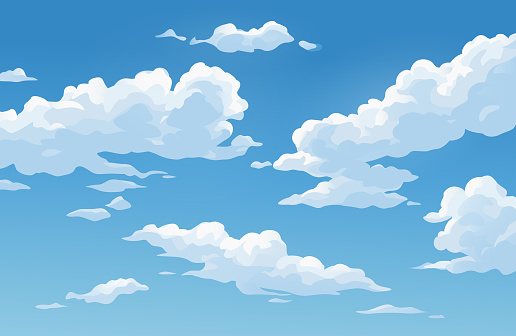 Vector illustration of fluffy white clouds in a bright blue sky.