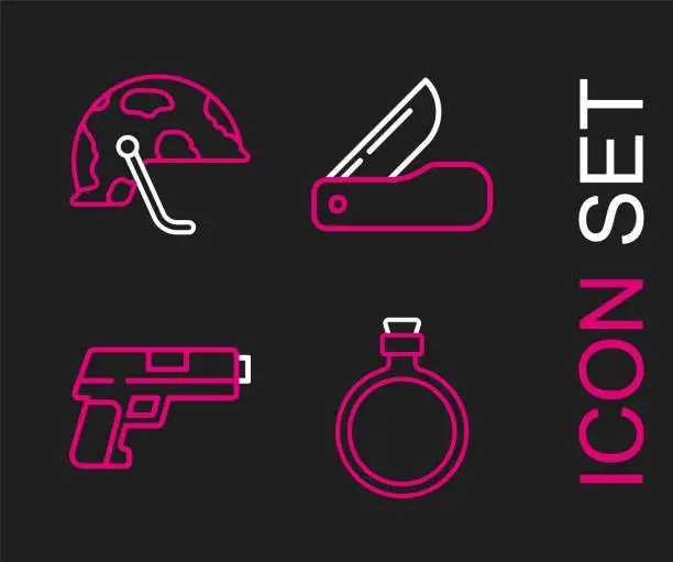 Vector illustration of Set line Canteen water bottle, Pistol or gun, Swiss army knife and Military helmet icon. Vector