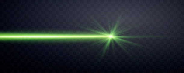 Green horizontal laser beam. Neon line, presentation pointer. Green glow flare light effect. Vector illustration. Isolated on dark transparent background. Green horizontal laser beam. Neon line, presentation pointer. Green glow flare light effect. Vector illustration. Isolated on dark transparent background. laser pen stock illustrations