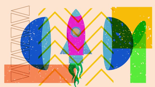 Risograph Rocketship with geometric shapes animation.