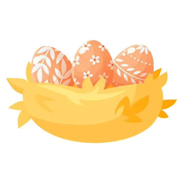 Vector illustration of Easter painted eggs with patterns in a nest made of straw. Festive composition, vector illustration on a white background. Cartoon nest with three eggs.Happy Easter. Design for Easter cards, banners.