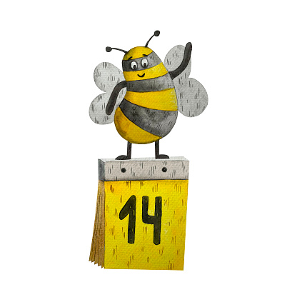saint valentines day watercolor illustration of a bee character on a calendar with the date 14 of february on it