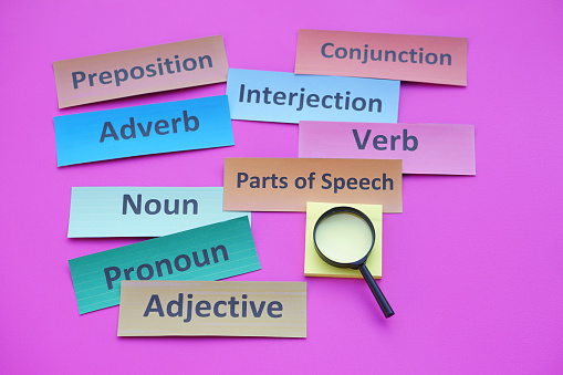 Paper word cards with text Part of speech. Adjective Pronoun Noun Adverb Verb Preposition Interjection Conjunction. Magnifying on pink background. Concept, English grammar teaching