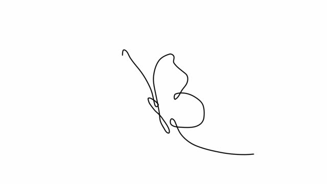 Self drawing simple animation of single continuous one line drawing of flying butterfly. Drawing by hand, black lines on a white background.
