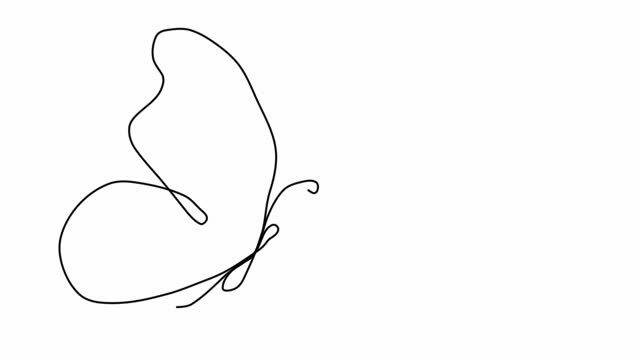 Self drawing simple animation of single continuous one line drawing of flying butterfly. Drawing by hand, black lines on a white background