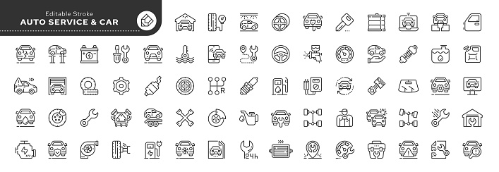 Set of line icons in linear style. Set - Car service, auto repair and tire fitting. Outline icon collection. Pictogram and infographic. Editable stroke.