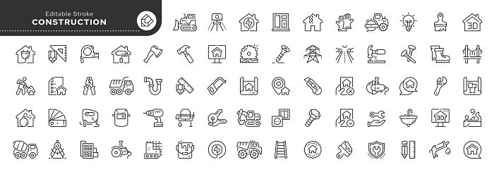 Set of line icons in linear style. Set - Construction, industry, home repair, construction equipment and tools. Web line icon. Outline pictogram and infographic. Editable stroke.