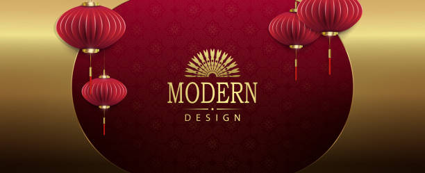 istock Chinese New Year, texture red illustration with oval frame and air lanterns 1891790379