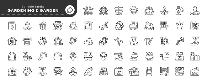 Set of line icons in linear style. Series - Gardening and garden. Growing plants and gardening tools. Outline icon collection. Conceptual pictogram and infographic.