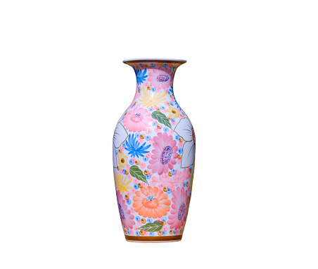 Ceramic vase with colorful floral pattern in vintage style isolated on white background with clipping path