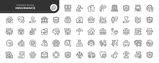 Set of line icons in linear style. Series - Insurance. Life, health, property, home and car accident insurance.Medical, transport and bank insurance. Outline icon collection. Conceptual pictogram and infographic.