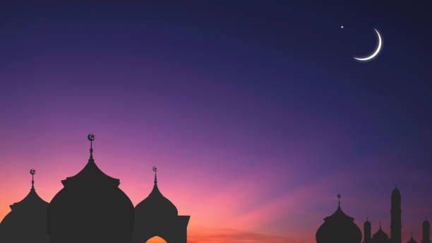 istock Silhouette Mosque Domes and Crescent Moon with star on dark blue Night sky background 1891806707