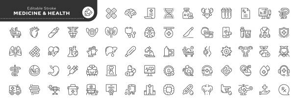 medicine health line icon set in linear style Set of line icons in linear style. Series - Medicine, healthcare and health. Human organ, medical instruments and treatment. Outline icon collection. Conceptual pictogram and infographic. blood and guts stock illustrations