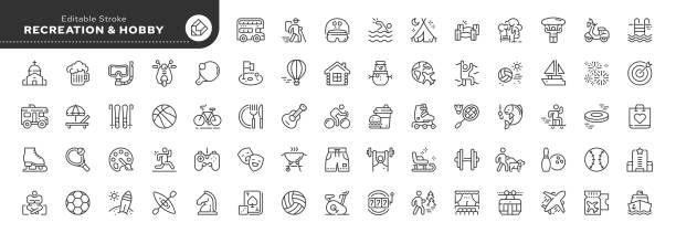 Set of line icons in linear style. Set - Recreation. Hobby,vacation and entertainment. Web line icon. Outline pictogram and infographic. Editable stroke.