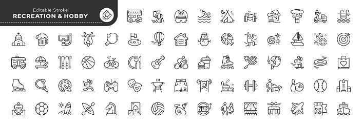 Set of line icons in linear style. Set - Recreation. Hobby,vacation and entertainment. Web line icon. Outline pictogram and infographic. Editable stroke.