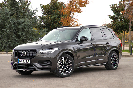 Istanbul, Turkey - December 5 2023 : Volvo XC90 Recharge is a luxury plug-in hybrid SUV manufactured by Volvo Cars.