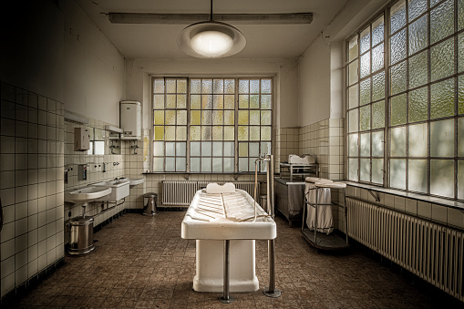 The abandoned morgue of crime in an asylum.