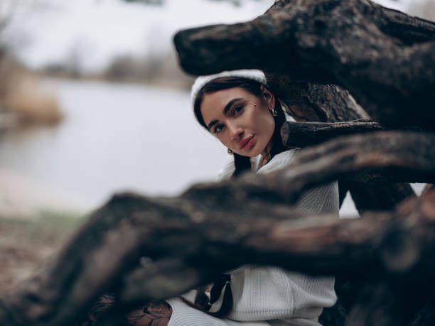 Free Stock Photo of Brunette Woman Posing with Tree Trunk - Looking ...