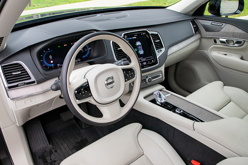 Istanbul, Turkey - December 5 2023 : Volvo XC90 Recharge is a luxury plug-in hybrid SUV. It has luxury interior design.