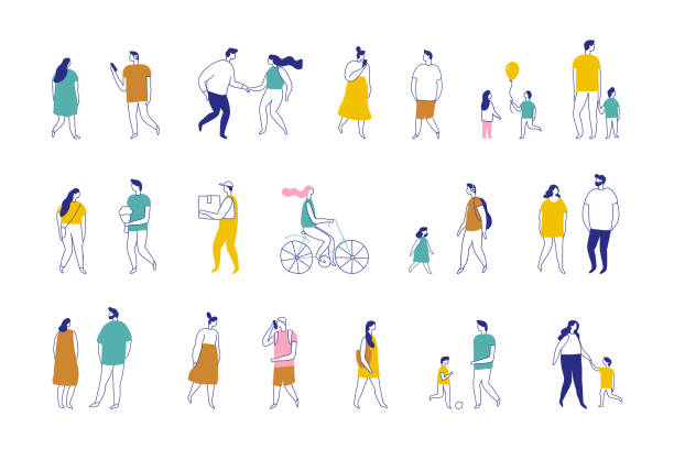 kuvapankkikuvitukset aiheesta taustaihmiset siluetti viivavektorijoukko. ihmiset tungeksivat. miehet ja naiset, ulkona kävelevät lapset - katumuoti