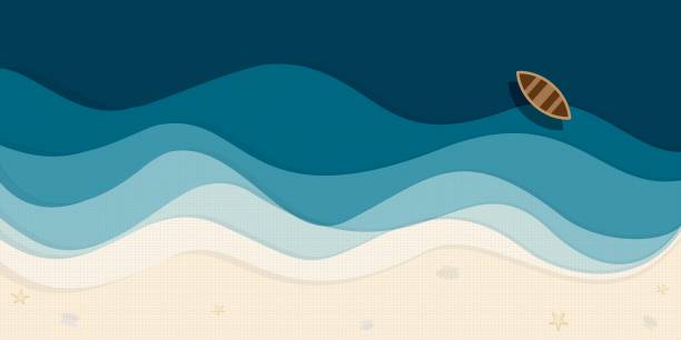 illustrations, cliparts, dessins animés et icônes de illustration vectorielle abstraite de la mer bleue avec un bateau et une plage de sable blanc. fond de conception plat de concept de mer bleu tropical. - bizarre landscape sand blowing