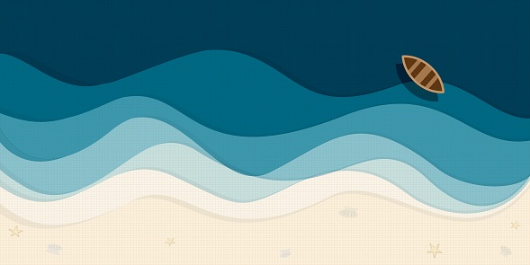 Abstract blue sea with boat and white sand beach top view vector illustration. Tropical blue sea concept flat design background.