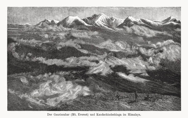Mount Everest and Kangchenjunga, Himalayas, Nepal, wood engraving, published in 1894 Historical panorama view of the Kangchenjunga massif from the Tiger Hill near Darjeeling, India. From here, Mount Everest (29,029 ft / 8,848 m), Makalu (27,825 ft / 8,481 m) and Lhotse (27,940 ft / 8,516 m) are just visible. The Kanchenjunga (center) looks higher than Mt. Everest (2nd from left), as it is several miles closer than Everest. Until 1852, it was believed that Kangchenjunga was the highest mountain on earth. It was only the calculations of the trigonometric survey of India by the British in 1849 that proved that Mount Everest and K2 were even higher, making Kangchenjunga the third highest mountain in the world. Wood engraving, published in 1894. kangchenjunga stock illustrations