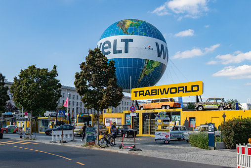 Berlin, Germany - September 25, 2023: A picture of the TrabiWorld Berlin and the Welt Balloon.