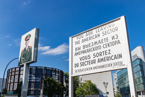 Berlin, Germany - September 25, 2023: A picture of the border sign at the Checkpoint Charlie.