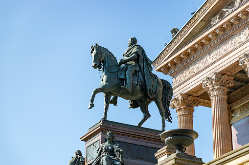 Berlin, Germany - September 26, 2023: A picture of the Equestrian Statue of Frederick William IV, in front of the Alte Nationalgalerie or Old National Gallery.