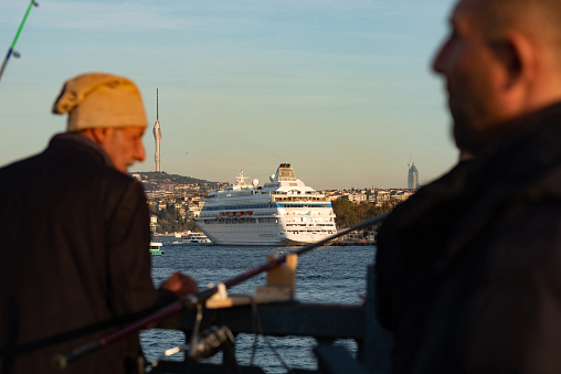 Istanbul, Turkey. November 14th 2023\nA huge cruise ship carrying tourists moored at the entrance to the Bosporus and Sea of Marmara, near the Golden Horn, Istanbul, Turkey.