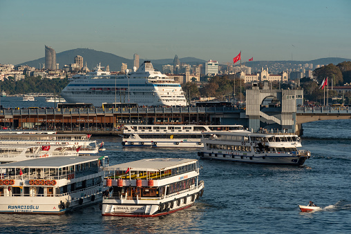 Istanbul, Turkey. November 14th 2023\nA cruise liner carrying tourists moored at the entrance to the Bosporus and Sea of Marmara, near the Golden Horn, Istanbul, Turkey.