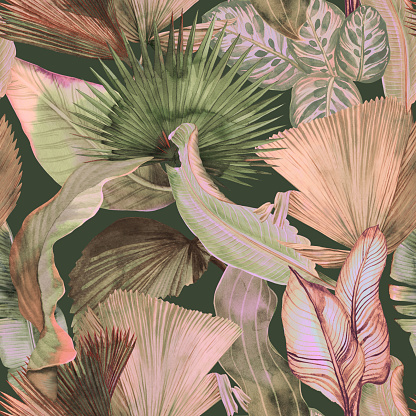 Tropical seamless pattern with large exotic leaves drawn in watercolor. Tropical wallpaper with foliage
