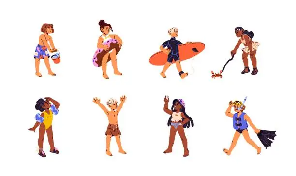 Vector illustration of Children in swimsuits set. Happy kid diving, surfing. Girl with swimming inflatable circle. Child plays with crab on beach. Boy rejoices to summer vacation. Flat isolated vector illustration on white