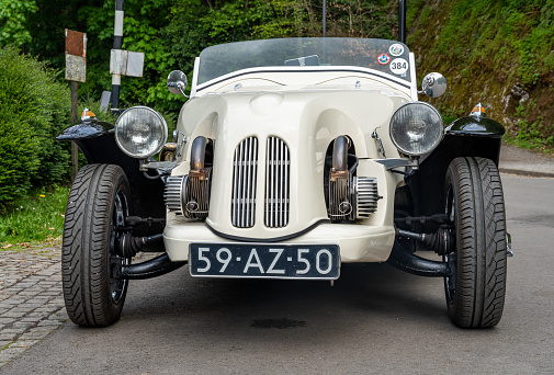 Bentley 8 litre Brooklands racer British vintage 1930s race car. The car is doing a demonstration drive during the 2017 Classic Days event at Schloss Dyck.