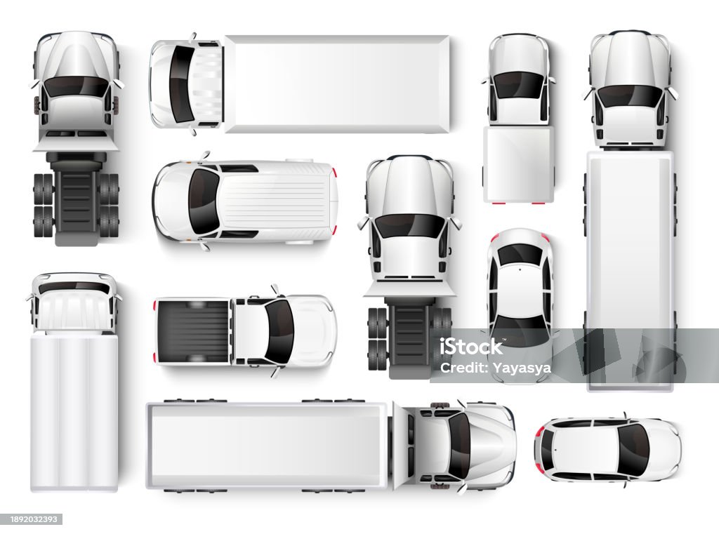 Vue de dessus des voitures et des camions. Véhicules réalistes isolés sur fond blanc. Illustration vectorielle - clipart vectoriel de Vue en plongée libre de droits Vue de dessus des voitures et des camions. Véhicules réalistes isolés sur fond blanc. Illustration vectorielle - clipart vectoriel de Vue en plongée libre de droits